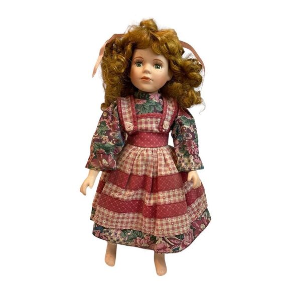 unbranded Other - Vintage Porcelain Doll, Blonde Girl, Pink Flower Dress, Green Eyes Tall 15”.
